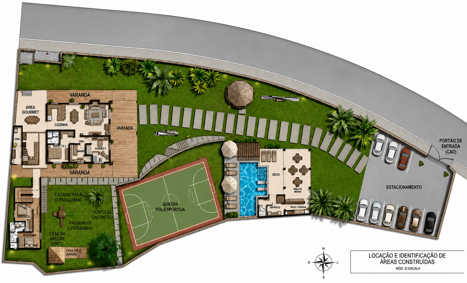 A Chácara Beija-Flor foi cuidadosamente projetada para integrar natureza, lazer, hospedagem e infraestrutura em um único espaço. O mapa geral apresenta a organização de todos os ambientes, permitindo visualizar a conexão entre a Casa Principal, piscina com hidromassagem, sauna integrada, área gourmet, quadra poliesportiva, quiosque, jardins, parquinho, academia, suítes e estacionamento interno. Cada espaço foi planejado para oferecer conforto, funcionalidade e uma experiência completa para eventos, confraternizações, hospedagens e momentos especiais em família ou entre amigos.
